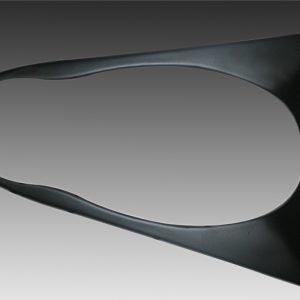 Two black curved shapes mirrored, forming a crescent pair against a gray gradient background.