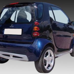 Blue Smart car seen from rear-right, showcasing its compact hatchback design and tail lights.