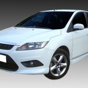 White Ford sedan used as a taxi, with a taxi badge on the front door, angled three-quarter view against a gray background