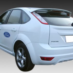 White Ford Focus hatchback shown from rear-left angle with Ford emblem on the side door