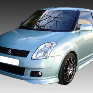 Blue compact hatchback with aftermarket body kit and black alloy wheels, viewed from the front-right side.