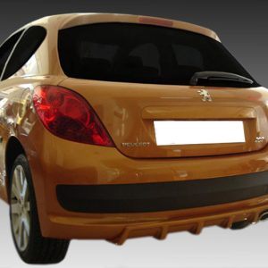 Orange Peugeot hatchback viewed from the rear, with a black bumper and blurred white license plate area