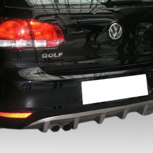 Rear view of a black VW Golf showing the VW emblem, GOLF badge, red taillights, and a sporty rear diffuser with dual exhausts.