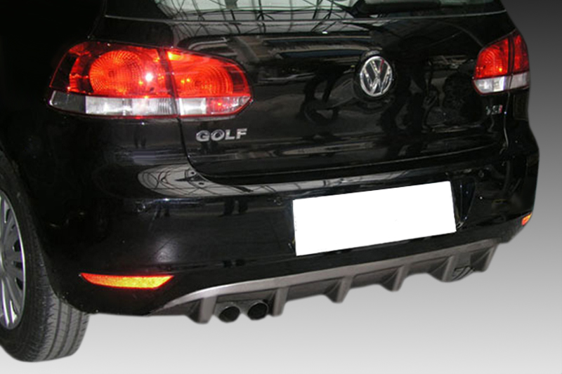 K128-003_1jpg - OPSHOLDERS Rear view of a black VW Golf showing the VW emblem, GOLF badge, red taillights, and a sporty rear diffuser with dual exhausts.