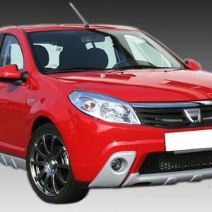 Red hatchback car with a black front grille, sporty wheels, and gray lower bumper accents, angled slightly to the left.