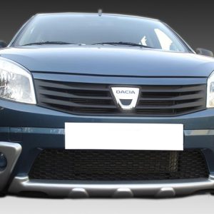 Front view of a blue Dacia car displaying its grille, headlights, and bumper from a low angle.