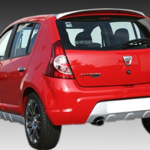 Red hatchback car photographed from the rear-left side, showing the bumper, taillights, and chrome wheels with a gray gradient background.