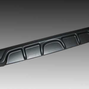 Long black plastic car bumper trim with four molded panels and curved grooves.