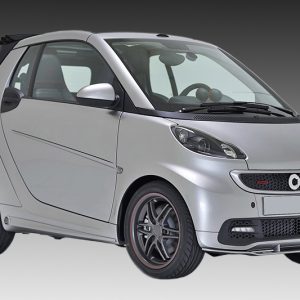 Silver Smart car seen from a three-quarter front angle, showing rounded headlights, black grille, and dark alloy wheels with red accents.