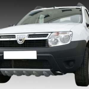 Front view of a white Dacia SUV with black bumper and grille, against a gray gradient background
