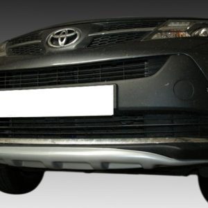 Front view of a black Toyota SUV from a low angle, showing the grille, emblem, and a blank license plate in the center