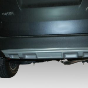 Rear view of a dark Toyota RAV4 showing the bumper and undercarriage from beneath, with 'TOYOTA' on the left and 'RAV4 AWD' badge on the right visible.