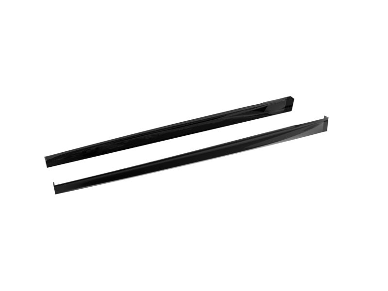 Two parallel, glossy black metal bars lying diagonally on a white background.