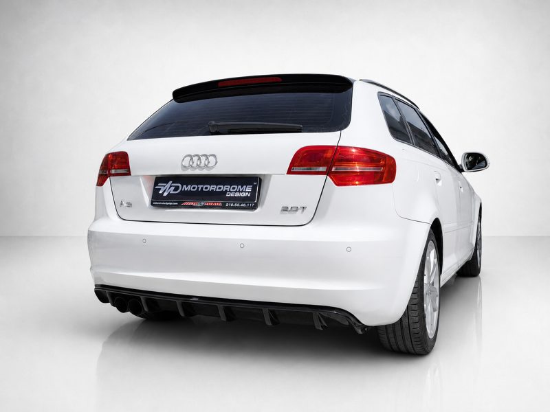 Rear three-quarter view of a white Audi A3 hatchback showing taillights and badge on a light backdrop as a product shot in a studio.