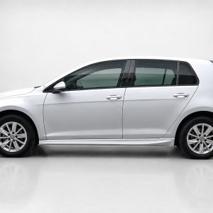 Side profile of a silver Volkswagen hatchback car on a light gray background.