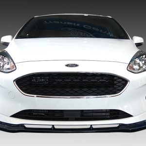 Front view of a white Ford car with a black mesh grille and sleek headlights, facing forward on a gradient backdrop.