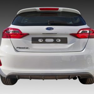 Rear view of a white Ford Fiesta hatchback with distinctive taillights on a gradient background