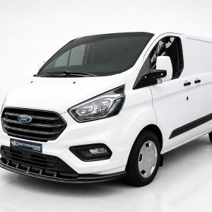 White Ford cargo van shown in a three-quarter front view in a studio setting