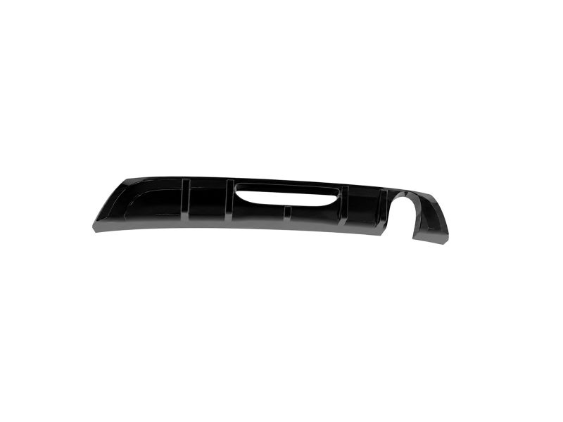 Long black curved plastic automotive trim piece with a central oval cutout and ribbed sections (likely a bumper/underbody component)