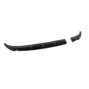 Two broken pieces of a black plastic car bumper on a white background—a long curved section with internal ribs and a separate small fragment nearby.