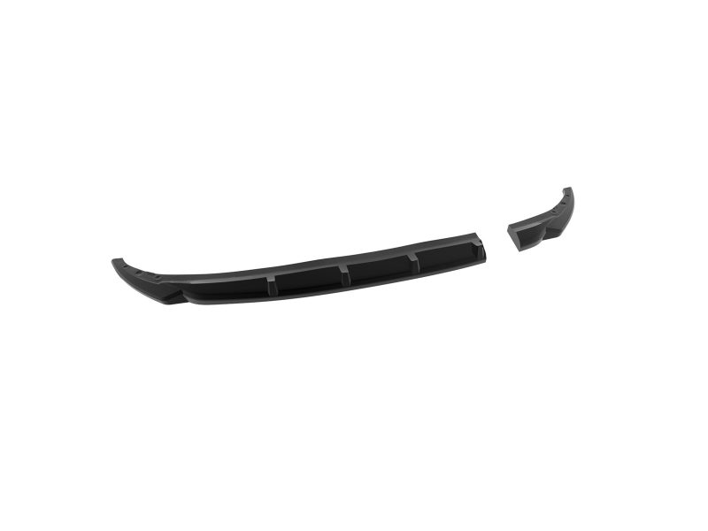 Two broken pieces of a black plastic car bumper on a white background—a long curved section with internal ribs and a separate small fragment nearby.