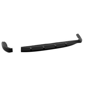Black curved car bumper lip spoiler with end caps, shown separated on white background.