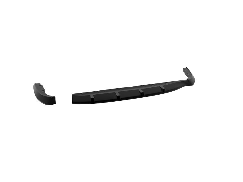 Black curved car bumper lip spoiler with end caps, shown separated on white background.