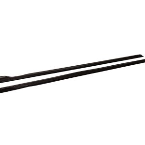 Pair of black front windshield wiper blades laid parallel diagonally across a white background.