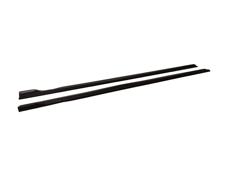 Pair of black front windshield wiper blades laid parallel diagonally across a white background.