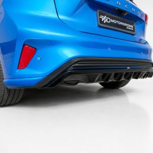 Blue car rear view showing bumper, diffuser, and Motordrome Design plate on a white background.