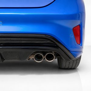 Blue car rear: bumper, dual exhaust pipes, and a red tail light visible on the right side.