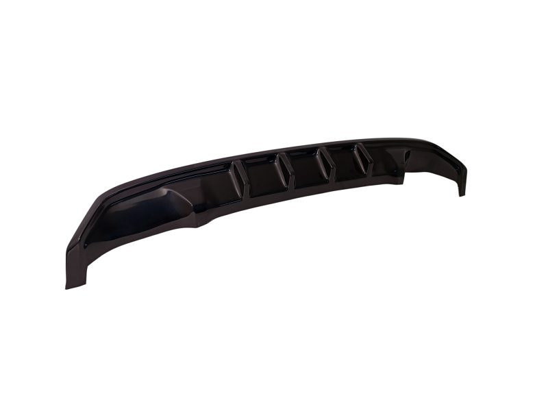 Glossy black car spoiler with curved shape and built-in ridge panels, viewed from the side (rear aerodynamic wing)