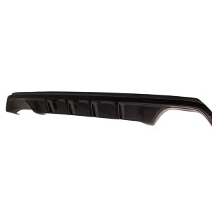 Black automotive rear diffuser/side skirt with vertical fins for a car's underside styling and aerodynamics.