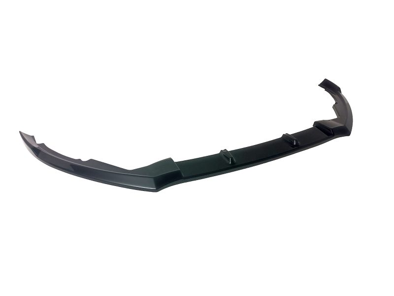 Black automotive front bumper lip spoiler with angular side fins, designed to improve aerodynamics.
