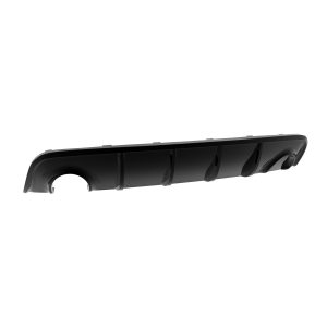 Long black automotive bumper component with curved end and ribbed interior, shown from the side