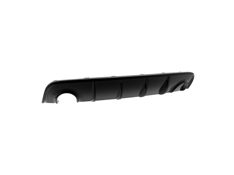 Long black automotive bumper component with curved end and ribbed interior, shown from the side