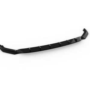 Glossy black curved car front splitter/aero lip with evenly spaced fins along its underside