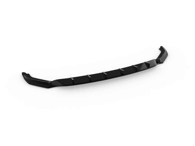 Glossy black curved car front splitter/aero lip with evenly spaced fins along its underside