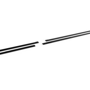 Two black roof rack crossbars laid out on a white background, separated into two pairs for a car roof installation