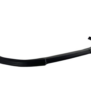 Black curved car spoiler/lip stretched across a white background, shown from a side angle (automotive part)
