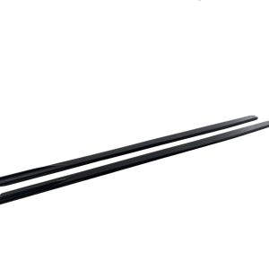 Two black windshield wiper blades laid parallel on a white background