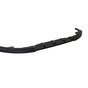 Black automotive bumper lip spoiler with mounting clips, curved to fit a car’s front bumper