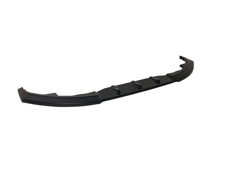 Black automotive bumper lip spoiler with mounting clips, curved to fit a car’s front bumper