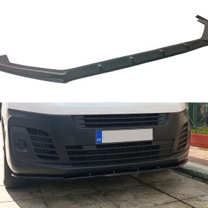 Dark gray automotive bumper lip/side skirt with mounting tabs, shown above a white van for context.