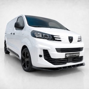White Peugeot cargo van shown from a front-left angle in a studio setting, with a gray background.