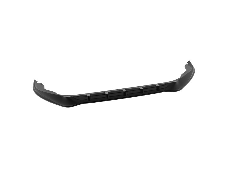 Black automotive bumper lip spoiler for a car, designed to attach under the bumper with a curved, aerodynamic shape