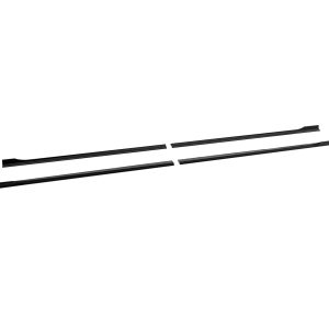 Four black elongated trim strips with slight curvature laid diagonally on a white background.