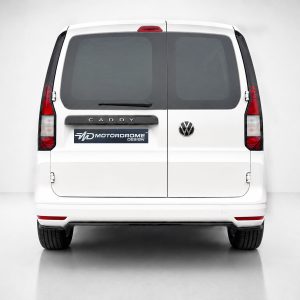 Rear view of a white VW Caddy van with split rear doors and a MotorDrome Design decal on the left door guard