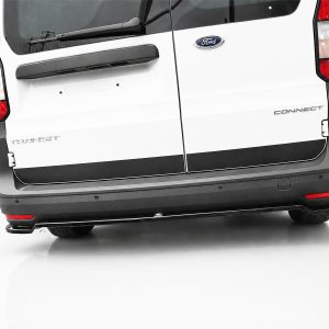Rear view of a white Ford Transit Connect van with split rear doors, taillights, and branding visible, photographed in a studio.