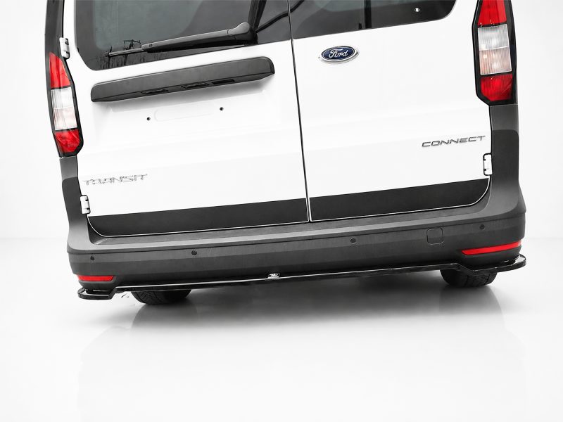 Rear view of a white Ford Transit Connect van with split rear doors, taillights, and branding visible, photographed in a studio.